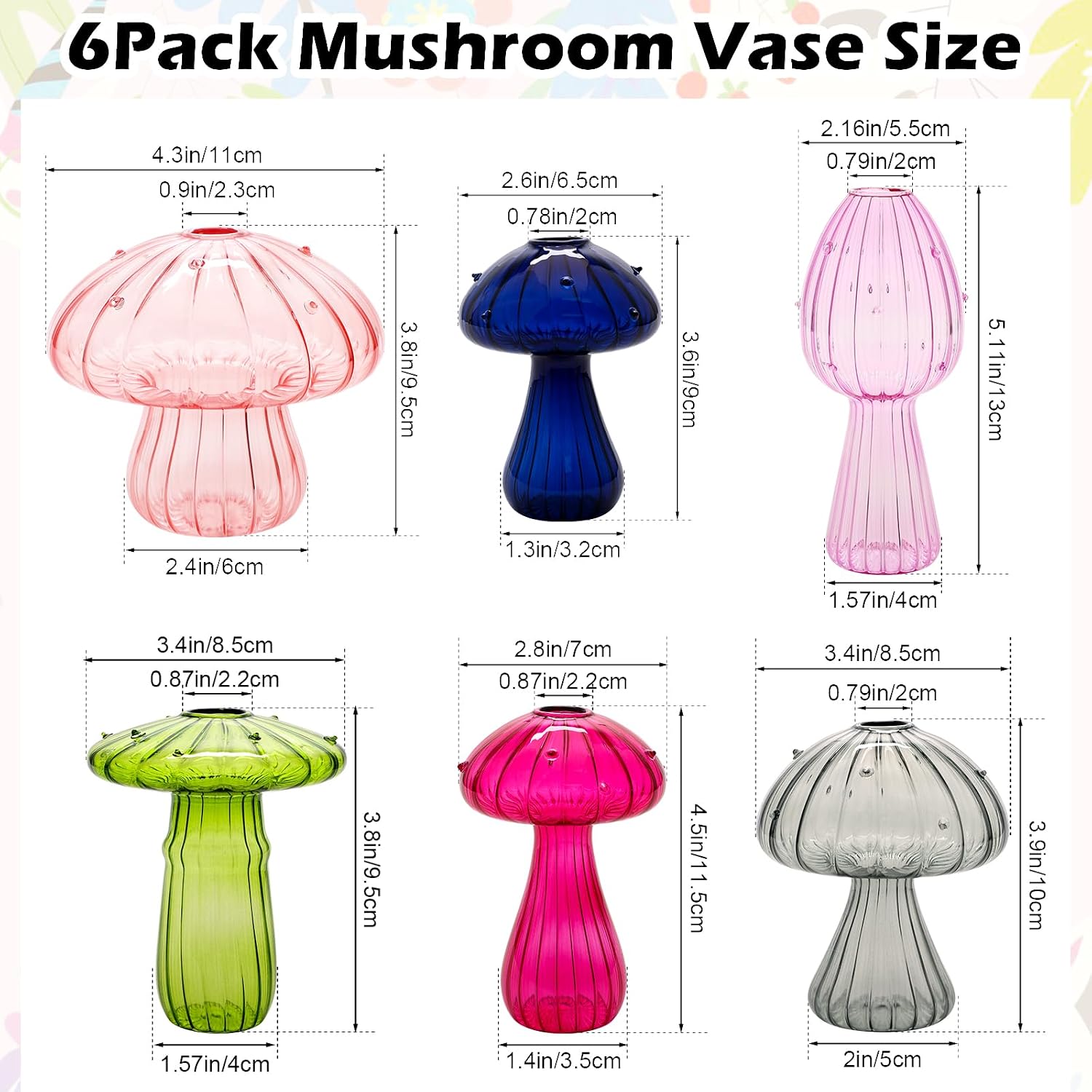 6Pcs Mushroom Vase, Coldairsoap Glass Mushroom Propagation Vases for Plants | 6 Colors Hydroponic Flower Small Bud Vase