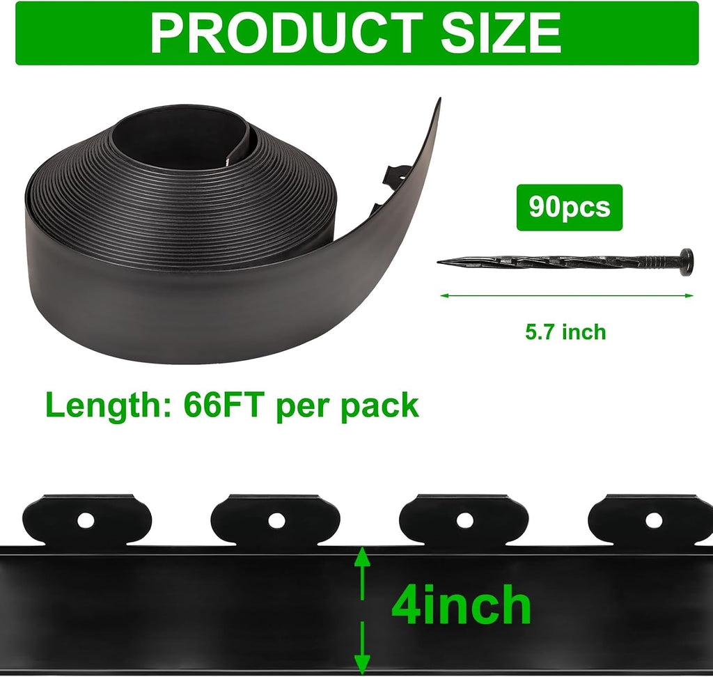 4 Inch Tall 66 FT Garden Edging Kit with 90pcs Spikes, Plastic Edging for Landscaping