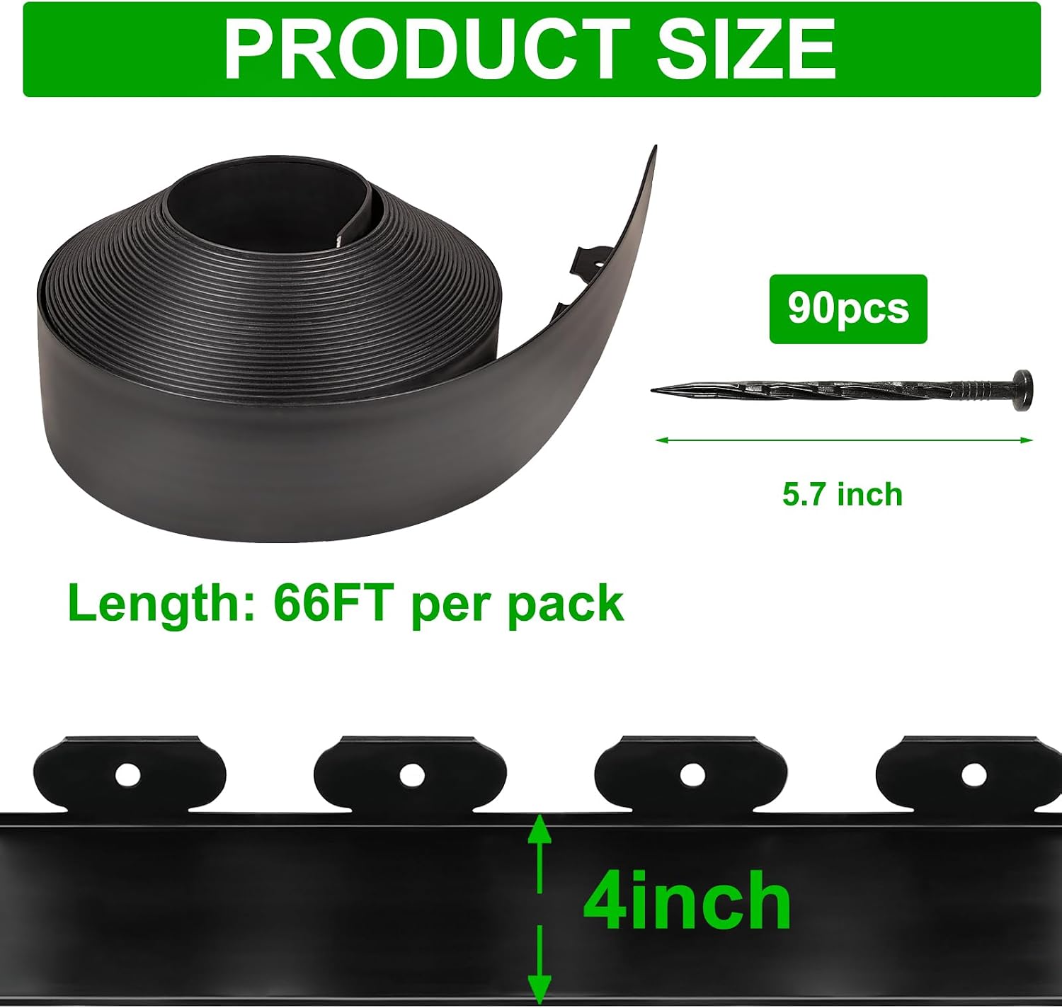 4 Inch Tall 66 FT Garden Edging Kit with 90pcs Spikes, Plastic Edging for Landscaping