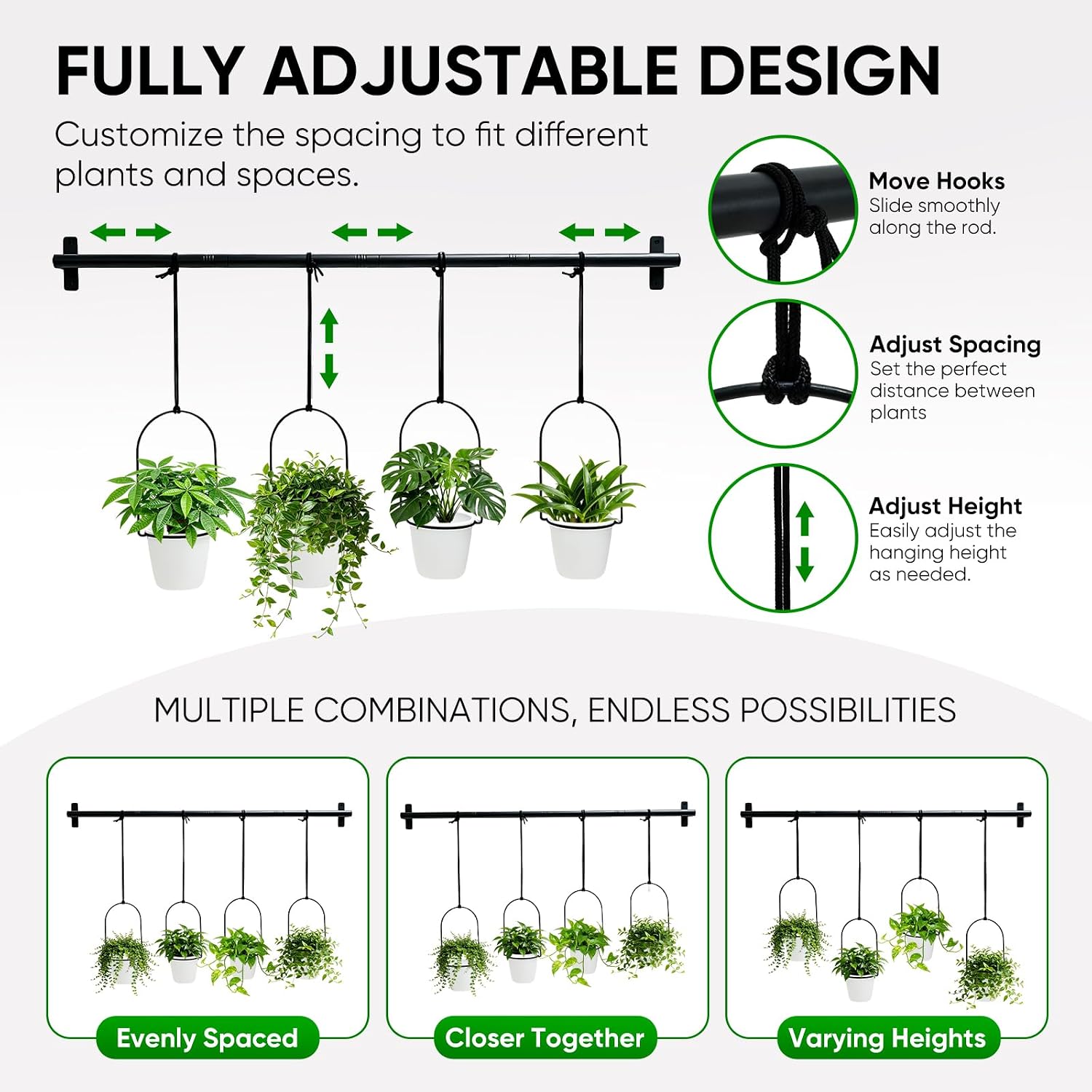 Window Plant Hanger with 4 Pots, 40 Inch Adjustable Hanging Planters for Indoor Plants, Metal Wall/Ceiling Plant Rod