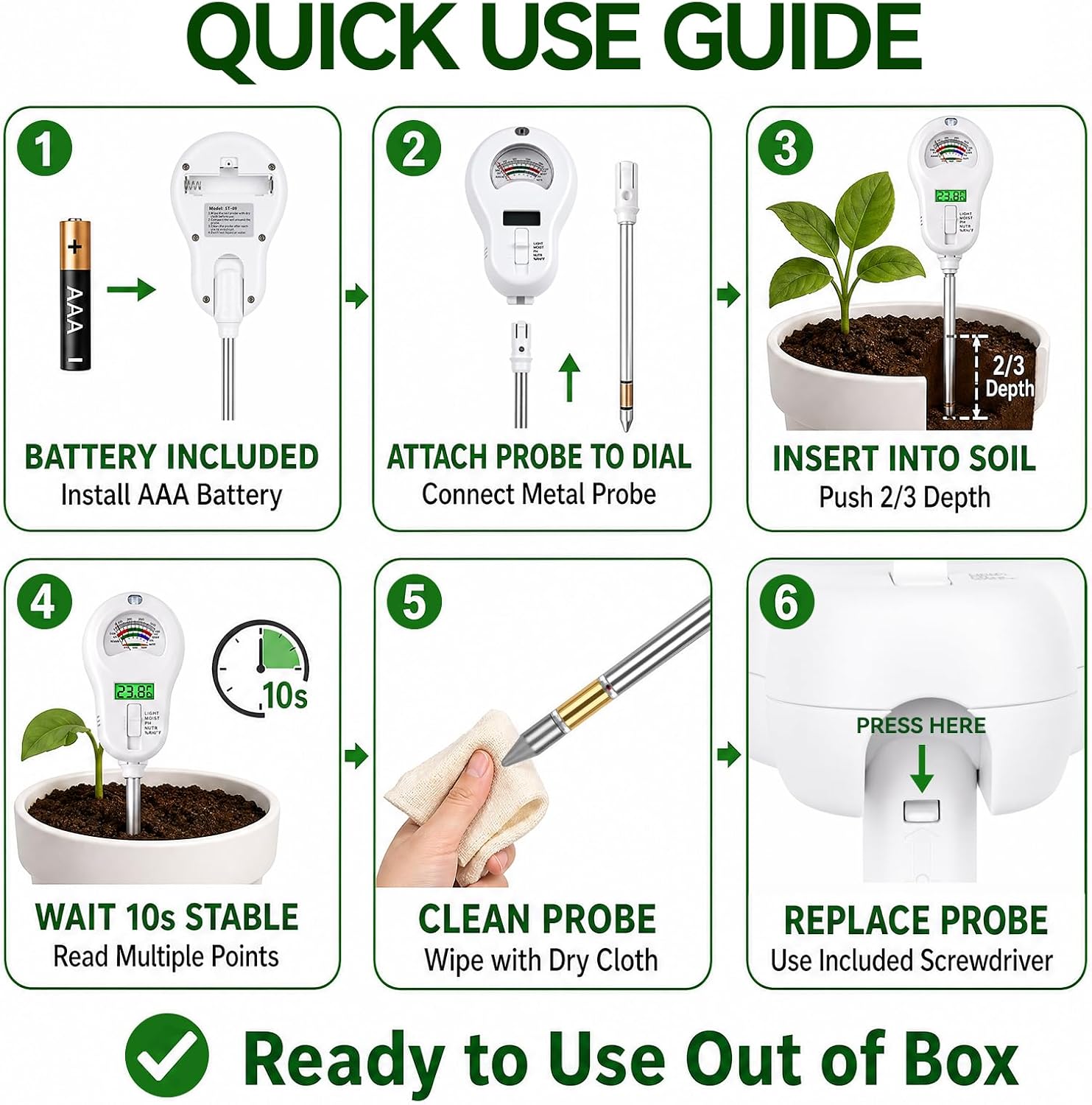 Soil Test Kit, 6-in-1 Soil Moisture Meter, PH/Sunlight/Soil Moisture/Fertility Monitor Indicator Sensor with 4
