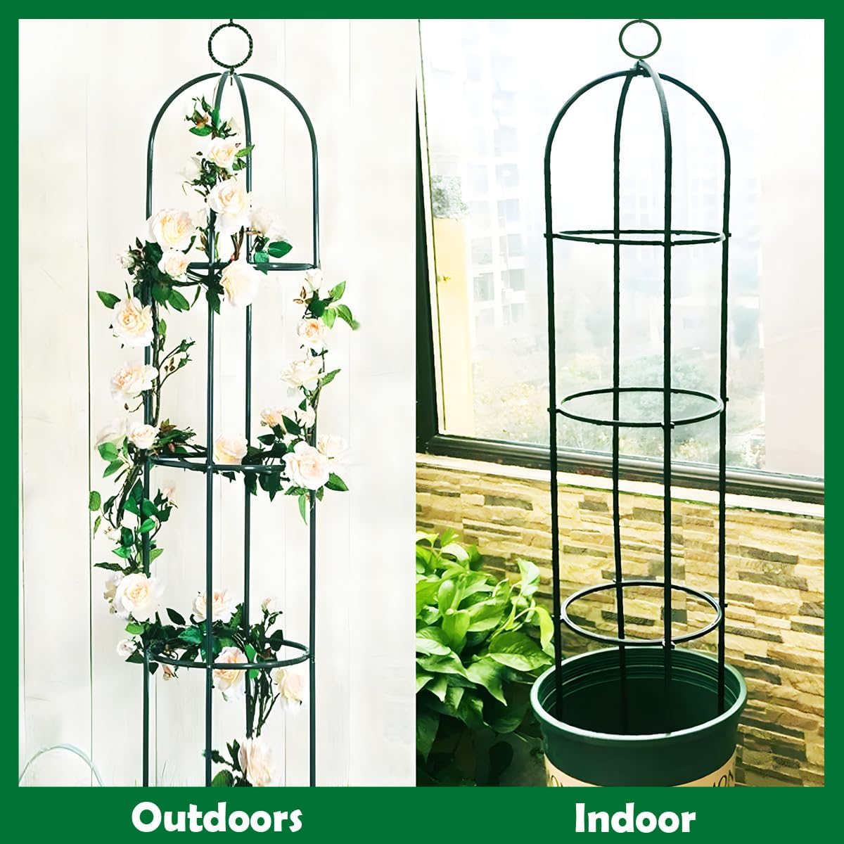 Tower Obelisk Garden Trellis 100% Metal 6.3 Feet Tall Plant Support for Climbing Vines and Flowers Stands,Black Green