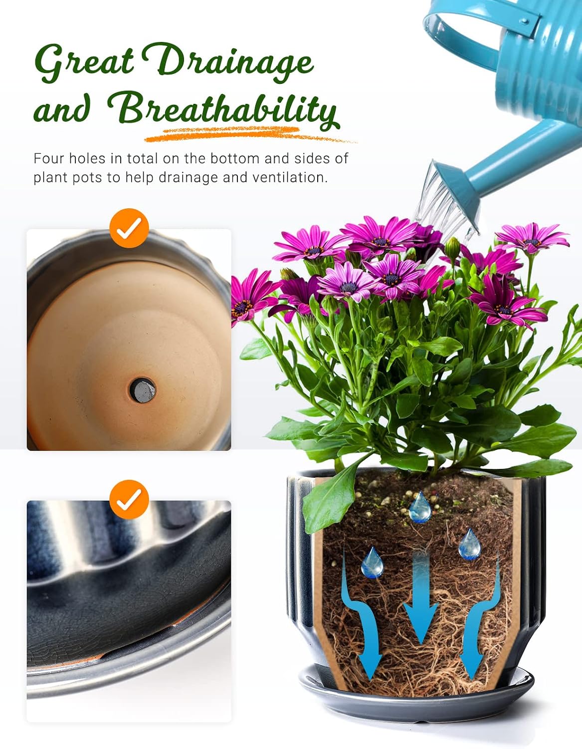 Plant Pots 6 inch Ceramic Pots for Indoor Plants Set of 2 Flower Pots Unique Crackle Glaze Design Plant Pots with