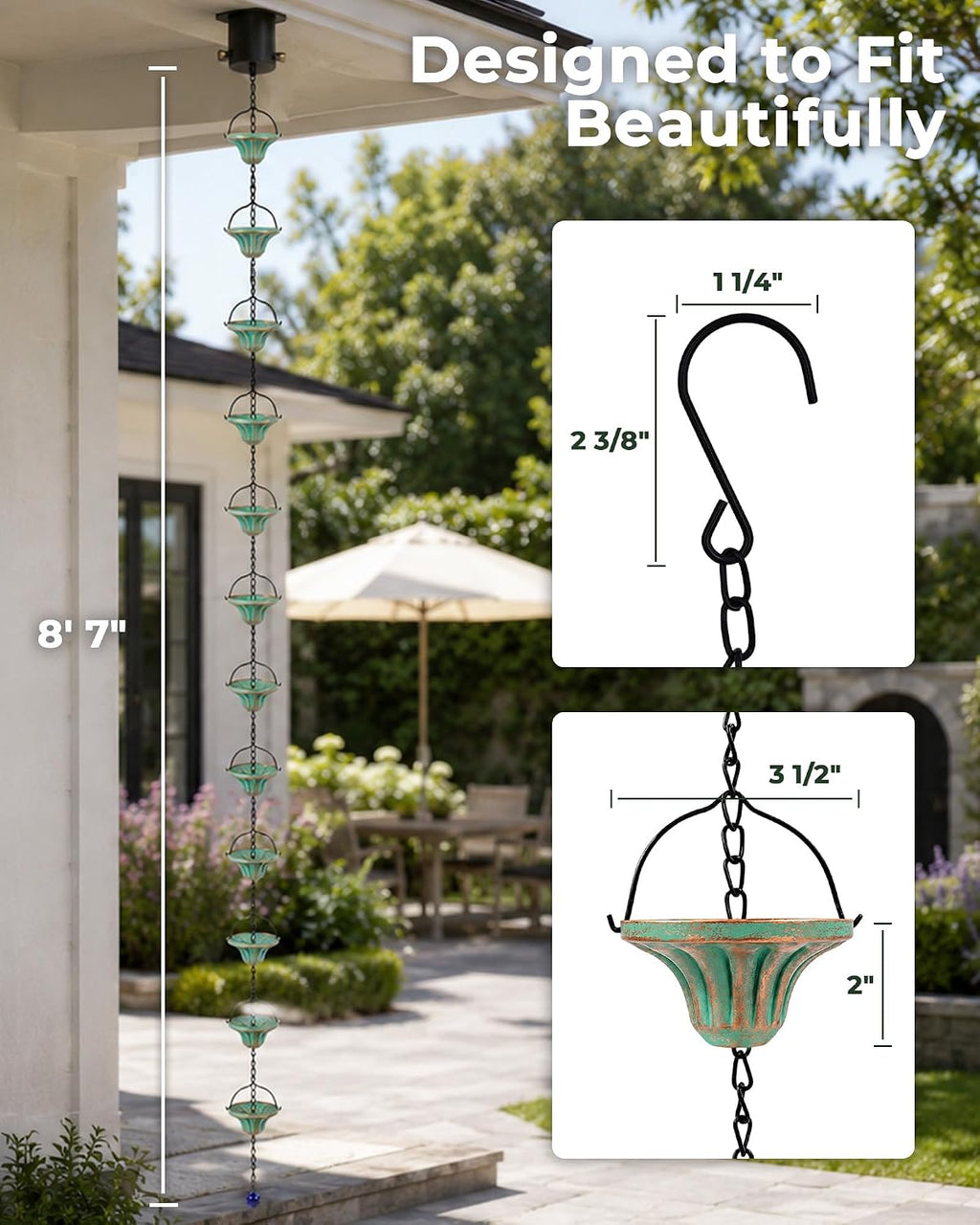 Rain Catcher Chain Fluted Cup Metal Downspout Replacement | 8.6FT Length Rain Chain for Gutters 12 Metal Cups Crystal