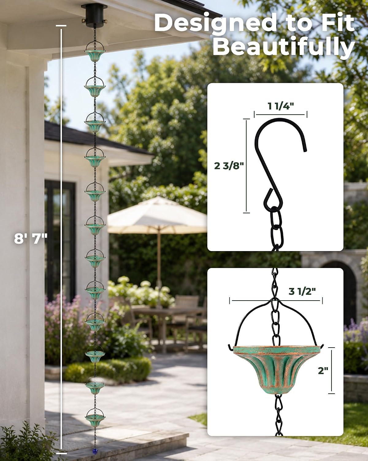 Rain Catcher Chain Fluted Cup Metal Downspout Replacement | 8.6FT Length Rain Chain for Gutters 12 Metal Cups Crystal