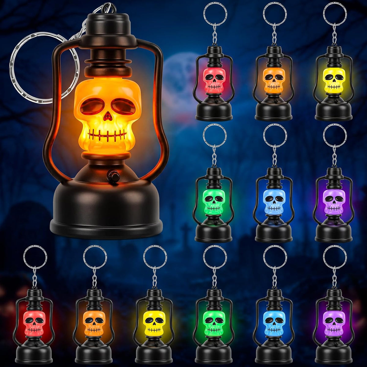 12 Pack Halloween Mini Skull Lantern Keychain LED Light