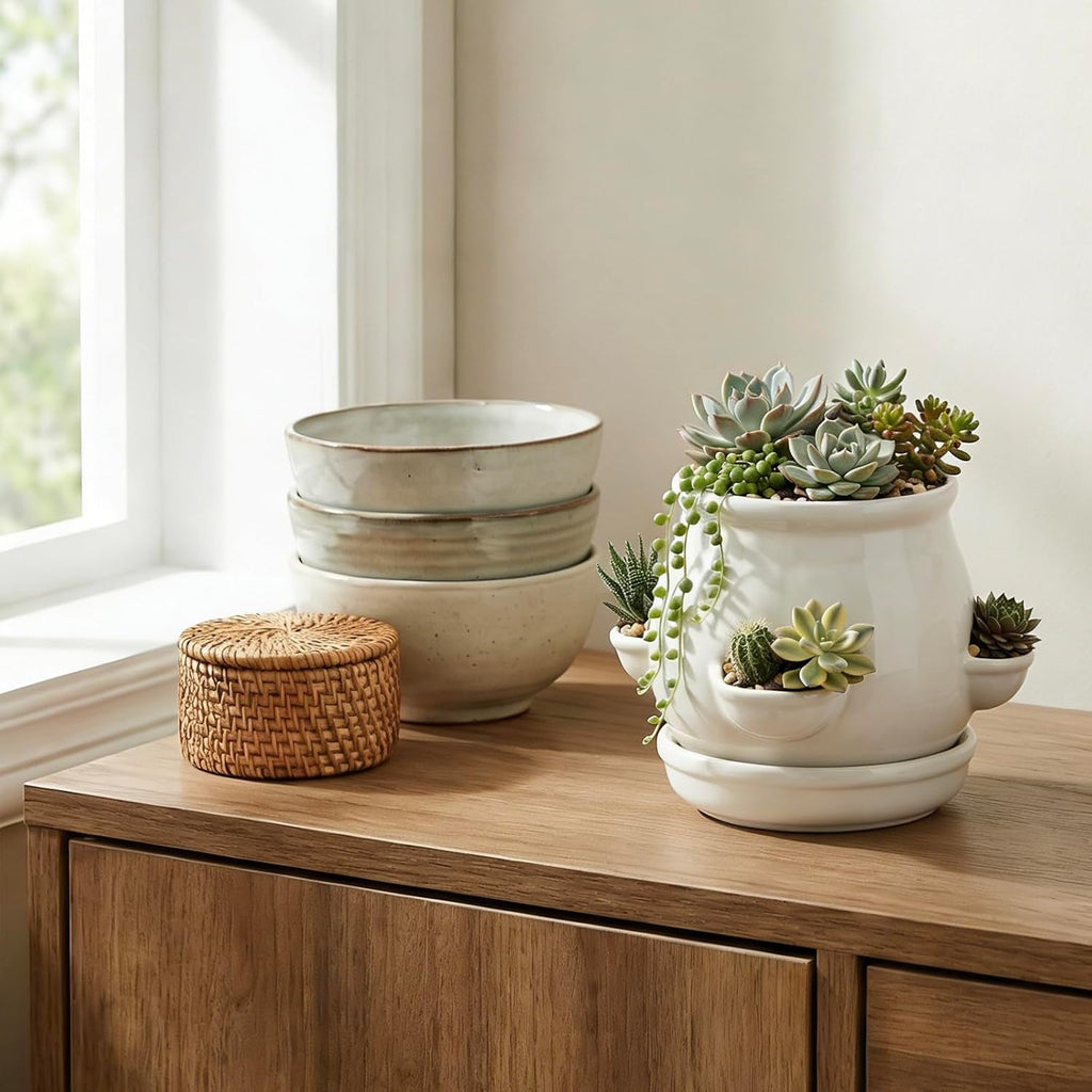 MyGift White Ceramic Plant Pot, Flower Strawberry Planter with Saucer and 4 Decorative Side Openings Design