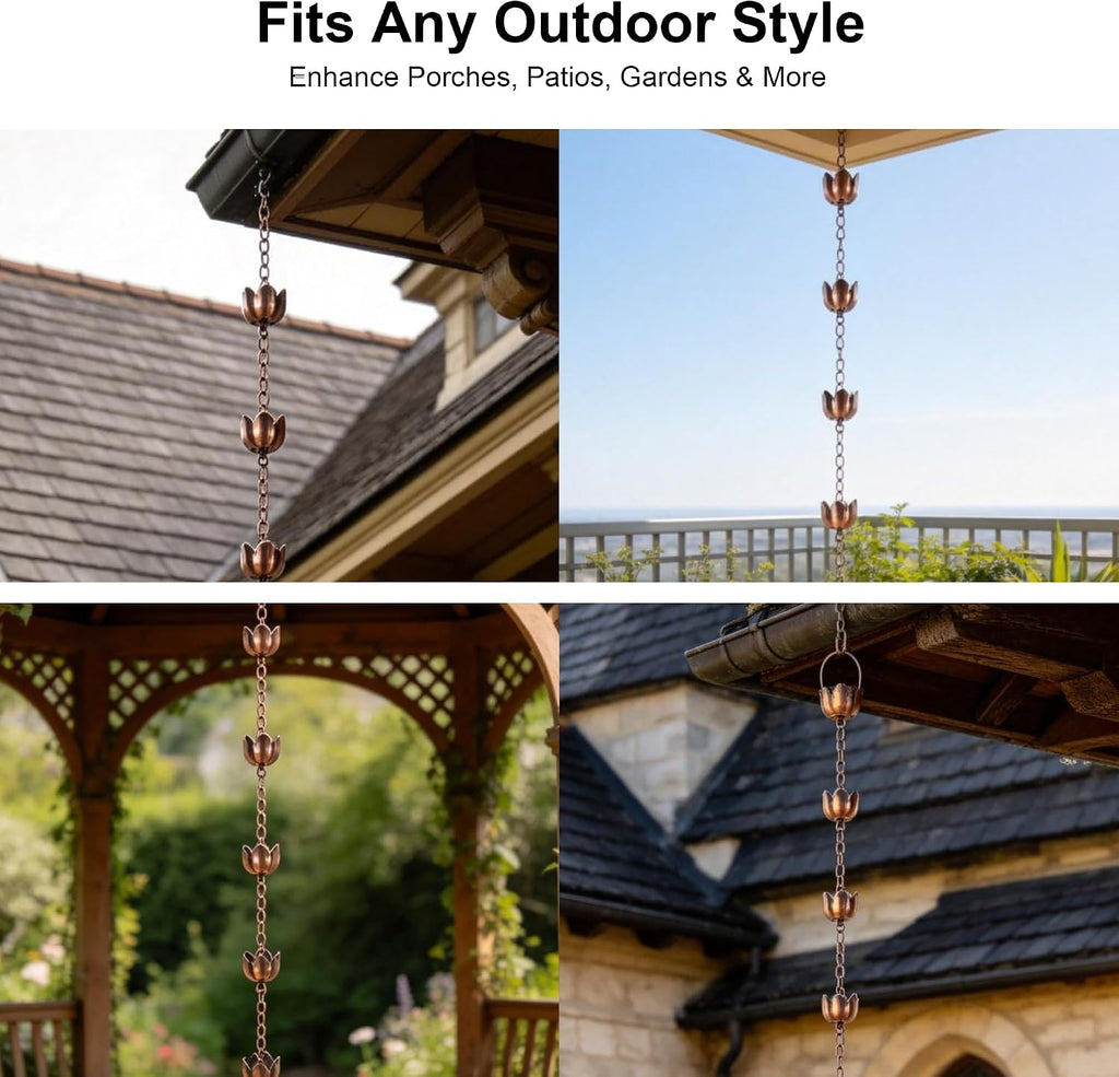 6FT Lotus Rain Chain, Metal Rain Chains for Gutters with 8 Cups | Adjustable Rainwater Catcher Chain for Outside, Rain