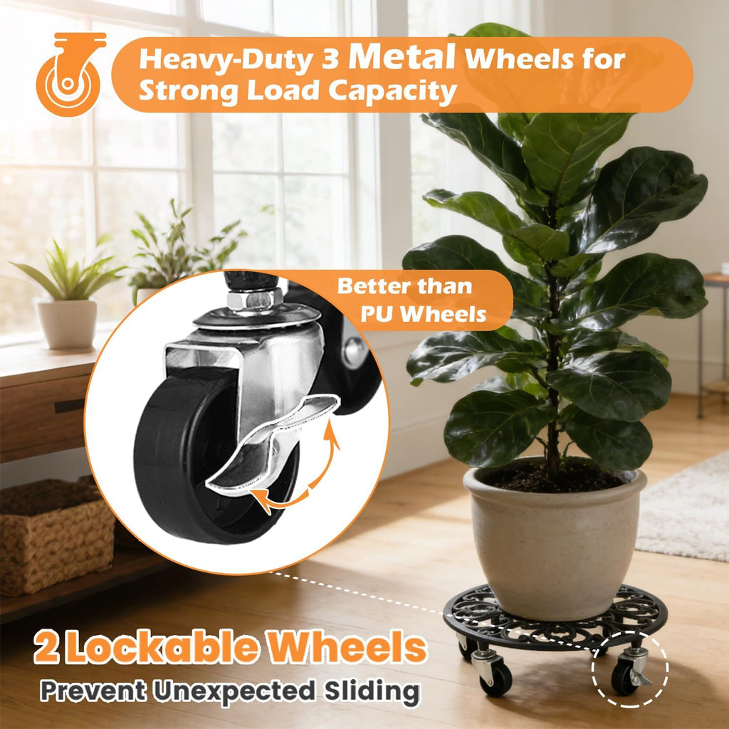 Rolling Plant Stand with Wheels Heavy Duty, 11 Inch Cast Iron Rolling Plant Caddy with Wheels Plants Rollers on Wheel