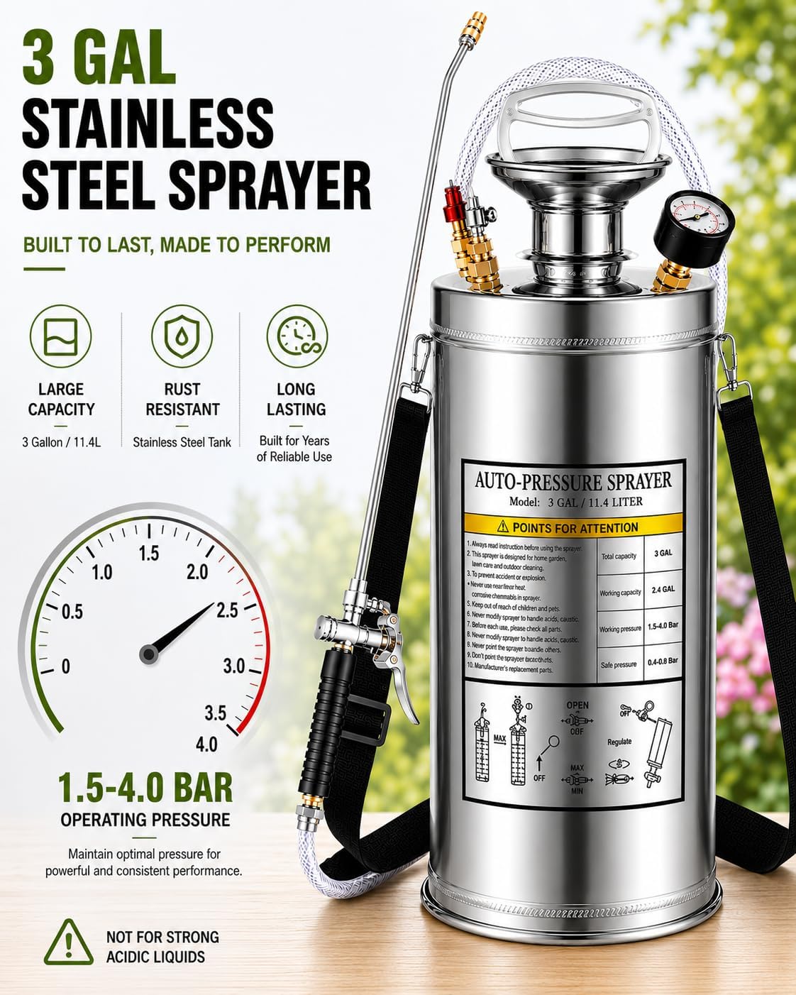 Stainless Steel Sprayer 3 Gallon - Steel Hand-Pump Sprayer, with 3.3-inch Reinforced Hose - Garden Sprayer for Home