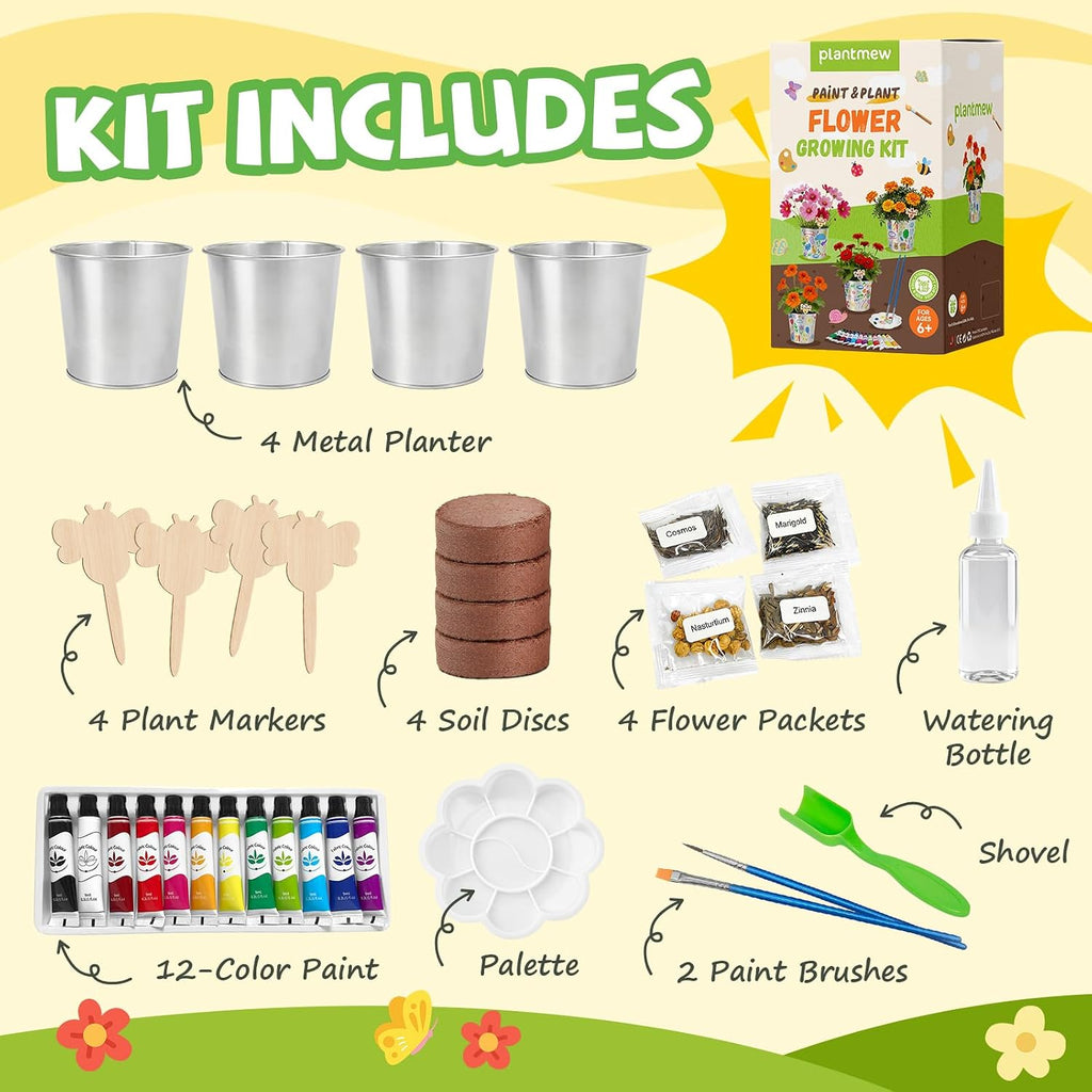 Paint & Plant Flower Growing Kit for Kids - Easter Gifts for Kids Gardening Set with 4 Pots - Unique Birthday, Crafts &