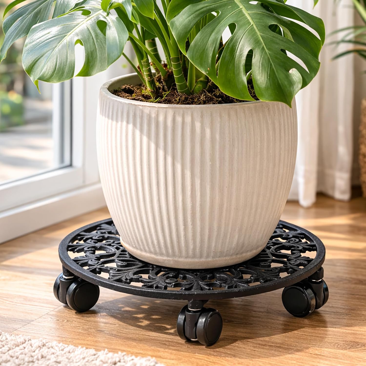 2 Pack Plant Caddy with Wheels, PlanterHoma 14 Inch Metal Plant Stand with Wheels Heavy Duty Wrought Iron Planter Dolly