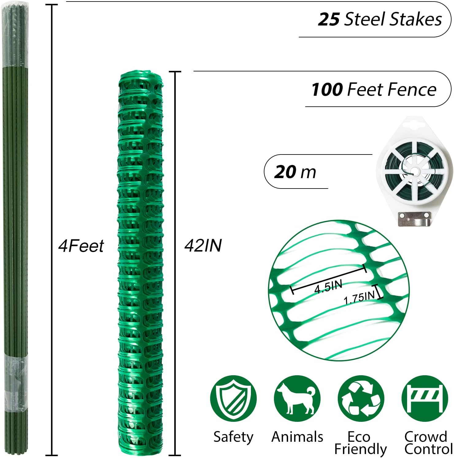 Safety Fence Plastic Mesh Fencing Roll,1 Roll with 25 Steel Stakes | Temporary Reusable Netting for Pool Fence, Garden