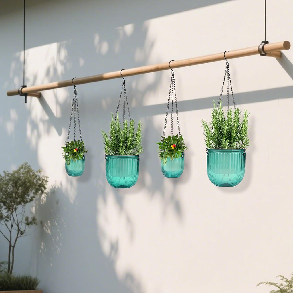 4 Pack Self Watering Hanging Planters with Drainage Holes Green