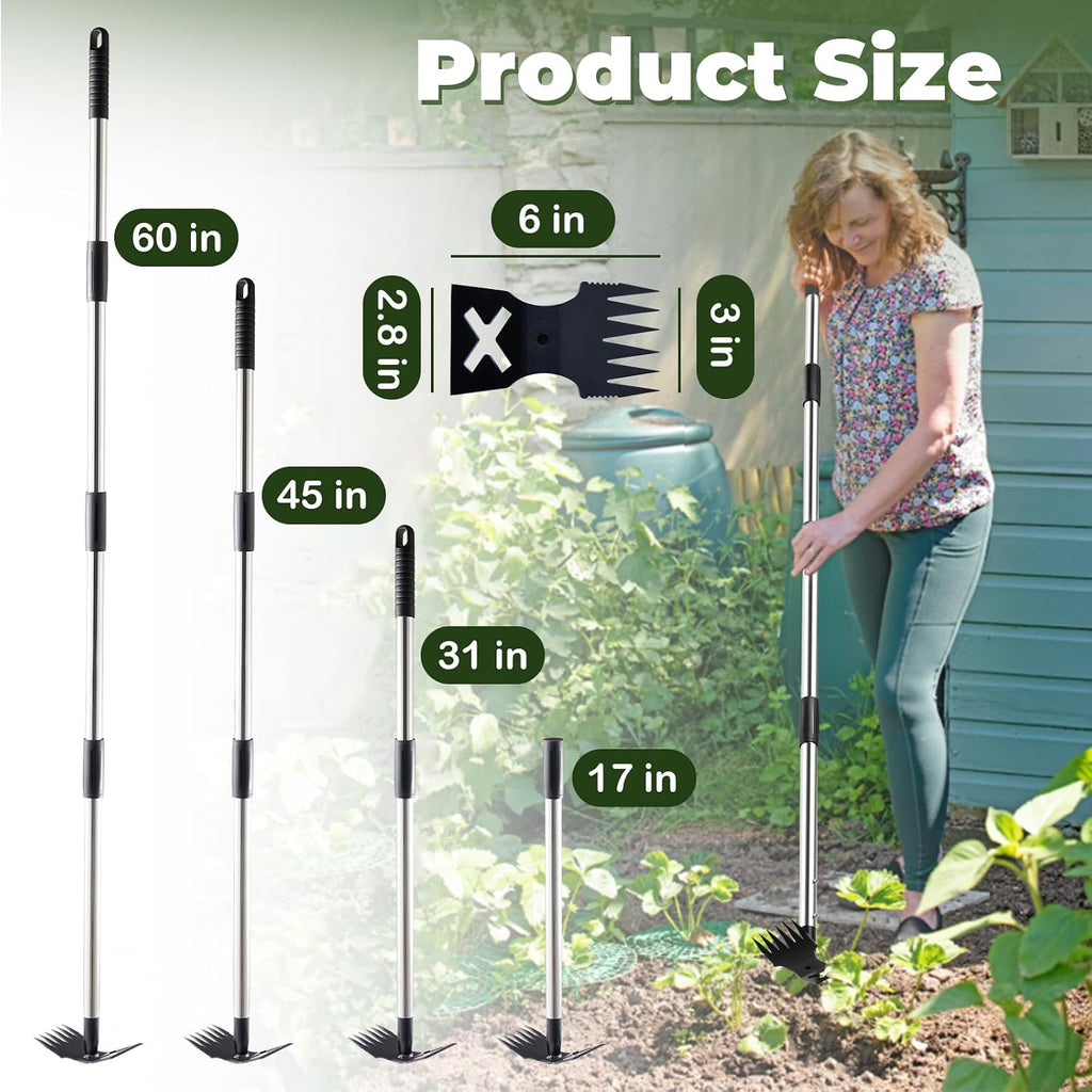 NICOFPHY Weed Puller Tool with Long Handle, Heavy Duty Garden Hoe and Rake | 60" Manual Weeder Remover Tool, 2 in 1