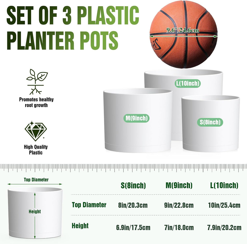 10/9/8 Inch Plant Pots 3 Pack, with Drainage Hole & Saucers | Cylindrical plastic planters with drainage holes &