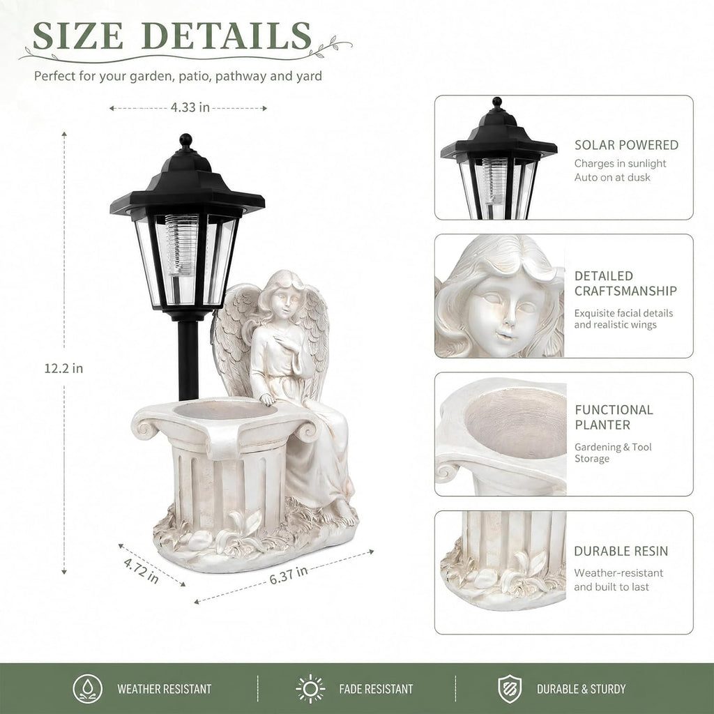 Solar Angel Outdoor Garden Statues with Lantern & Flower Pot | Resin Angel Figurines for Yard Lawn Porch Patio Balcony