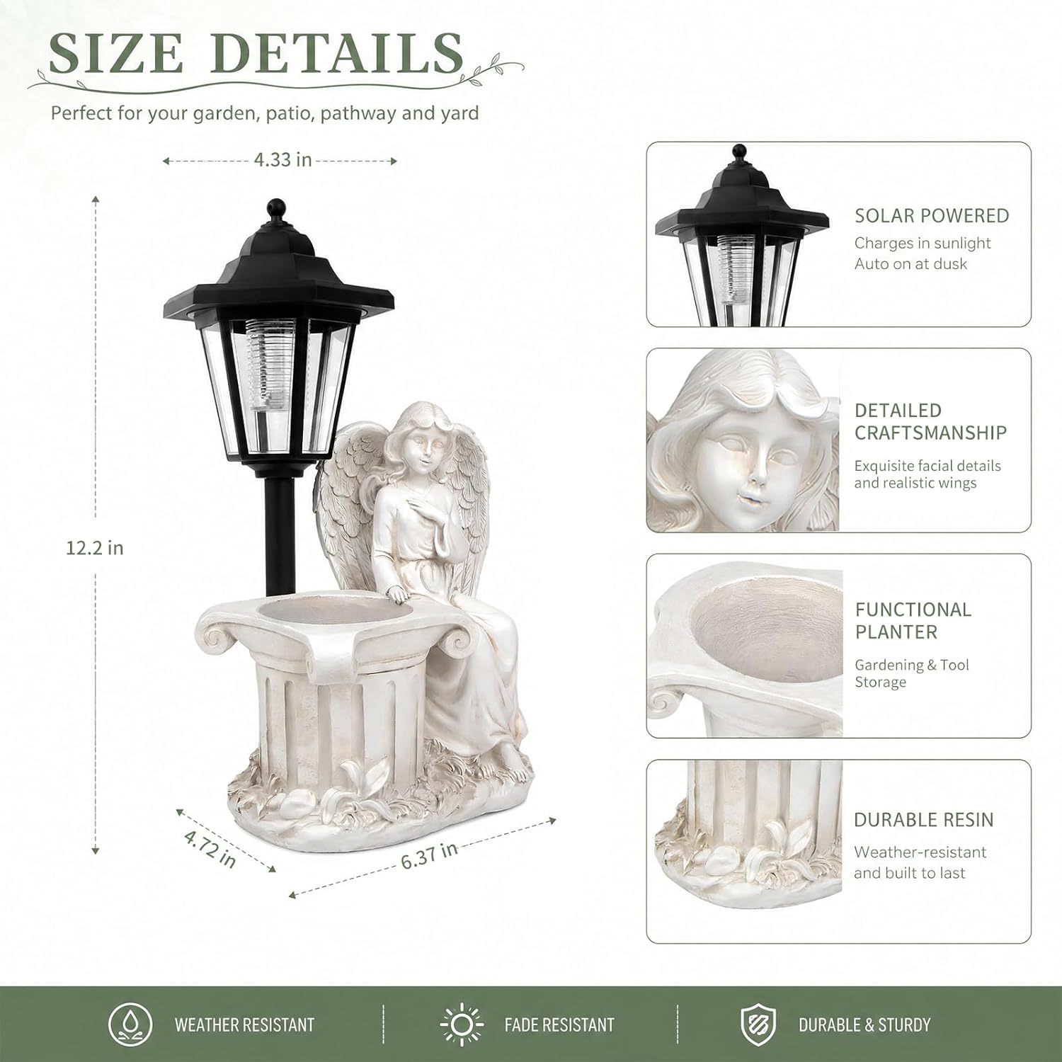 Solar Angel Outdoor Garden Statues with Lantern & Flower Pot | Resin Angel Figurines for Yard Lawn Porch Patio Balcony