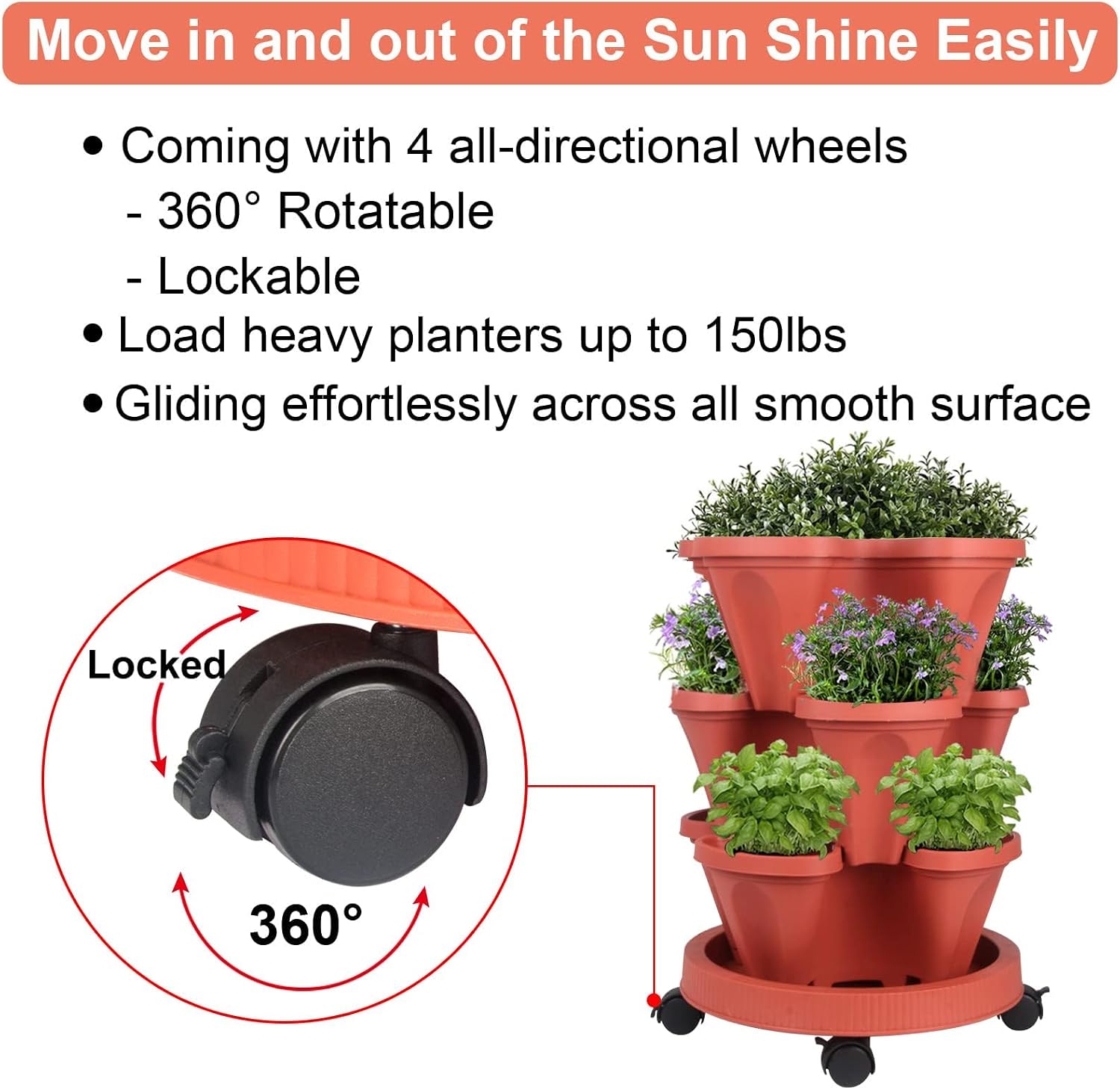 GameXcel Vertical Planter Tower- 3 Tier Stackable Garden Planter with Wheels and Tool Set – Grow Strawberries Herbs
