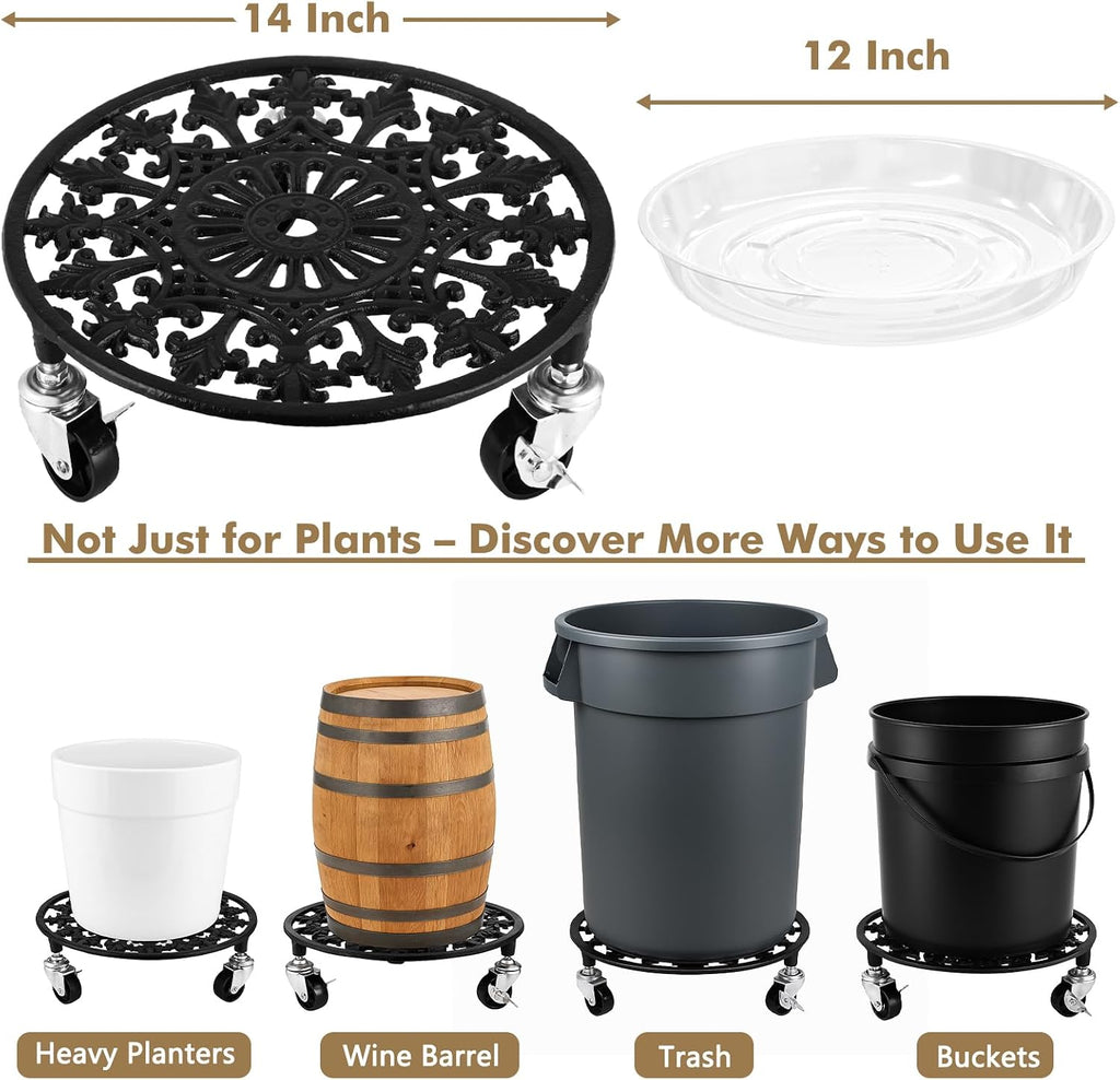 2 Pack Plant Caddy with Wheels 14 Inch Rolling Plant Stand for Large Plants Heavy Duty Plant Rollers Metal Plant Dolly