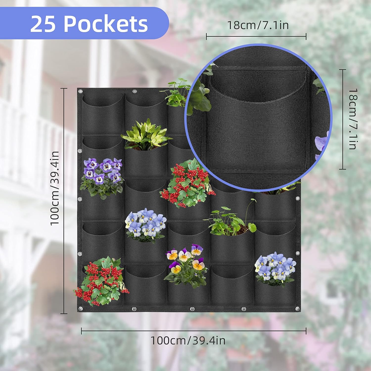 25 Pockets Hanging Planter Bags, Hanging Vertical Wall Mounted Plant Planting Grow Bags, Herb Garden Planter Outdoor