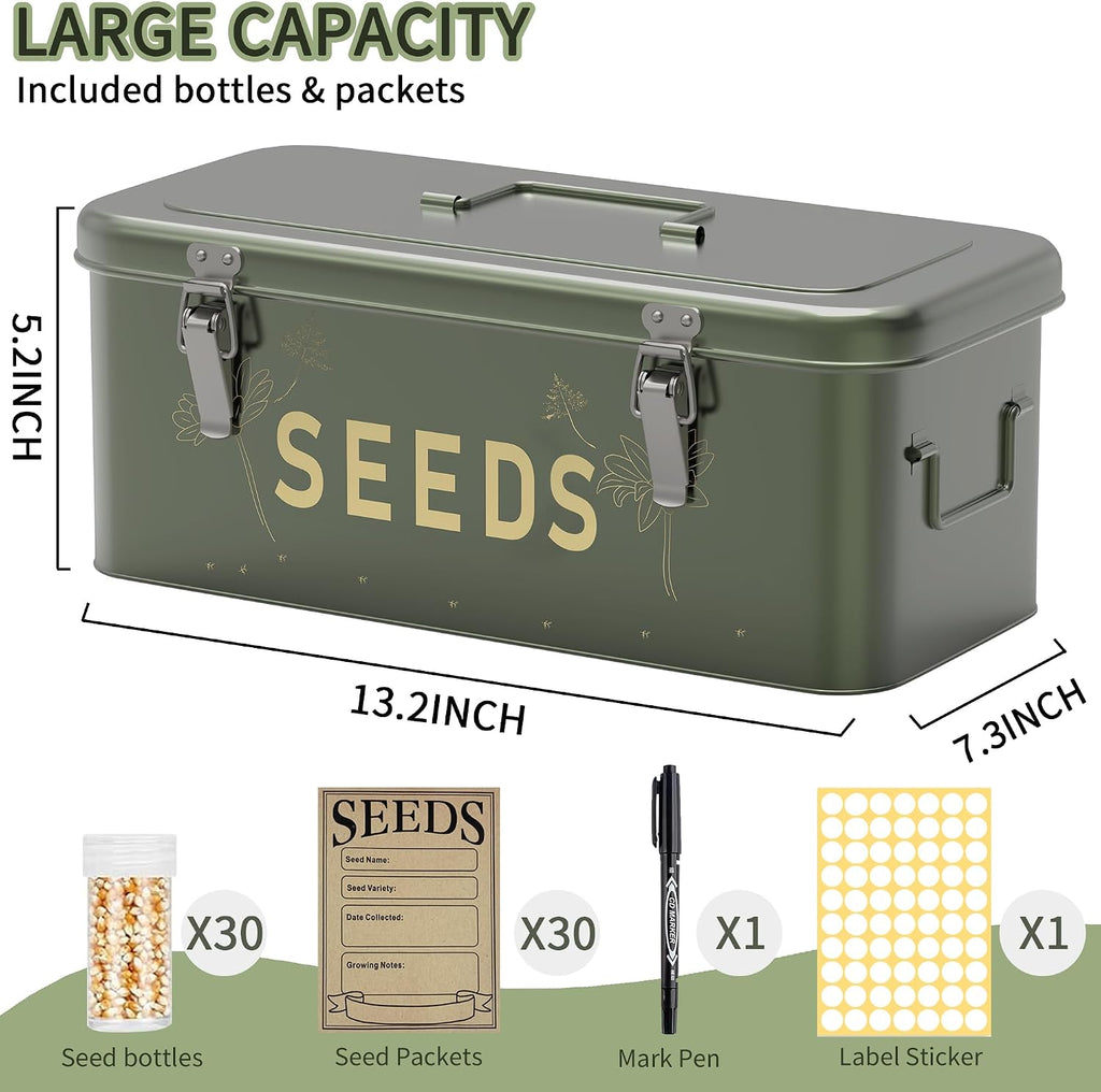 Orionstar Metal Seed Storage Organizer Box with 30 Bottles, 4-Compartment | Heavy-Duty Steel, 30 Plastic Bottles &