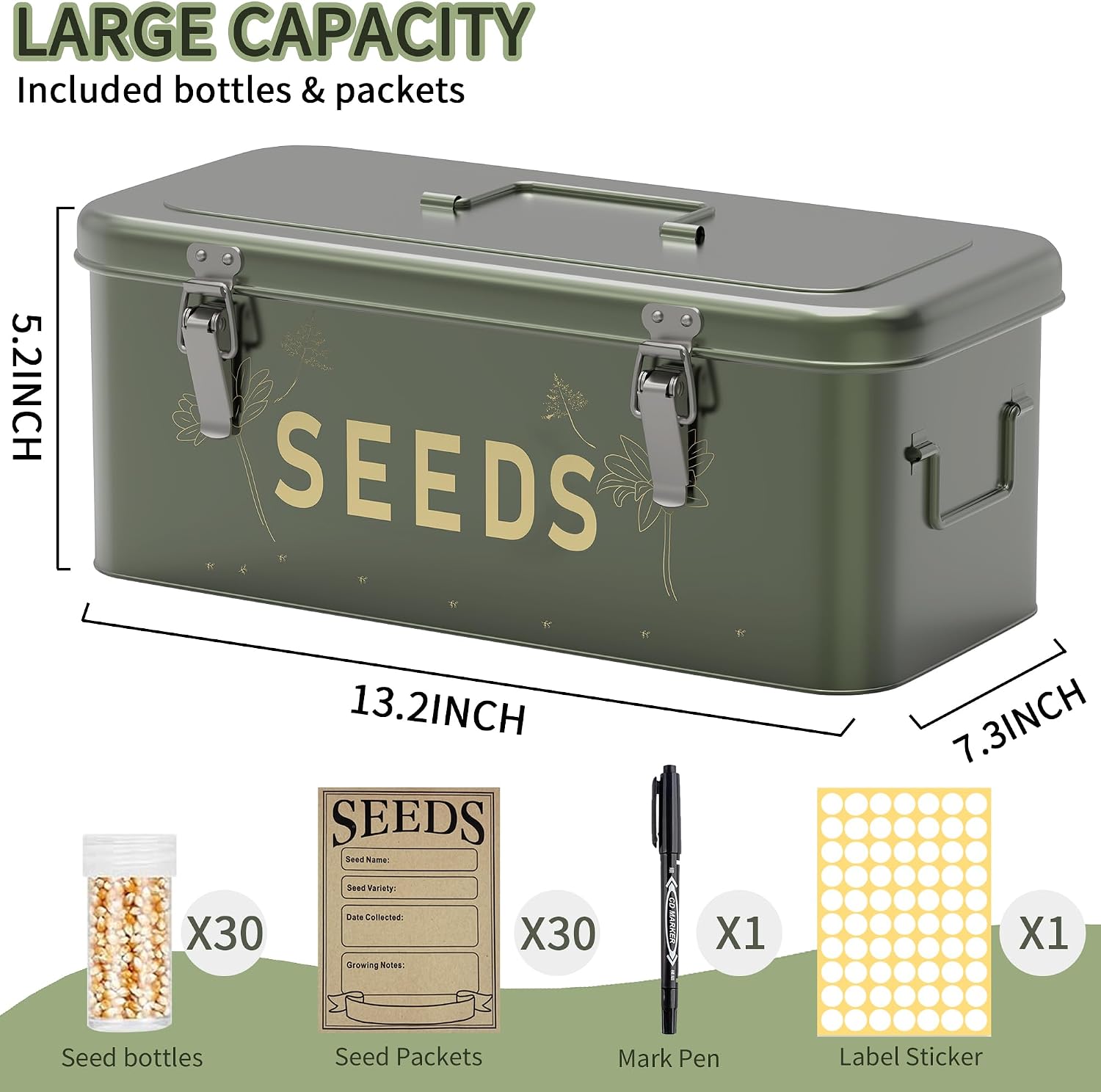 Orionstar Metal Seed Storage Organizer Box with 30 Bottles, 4-Compartment | Heavy-Duty Steel, 30 Plastic Bottles &