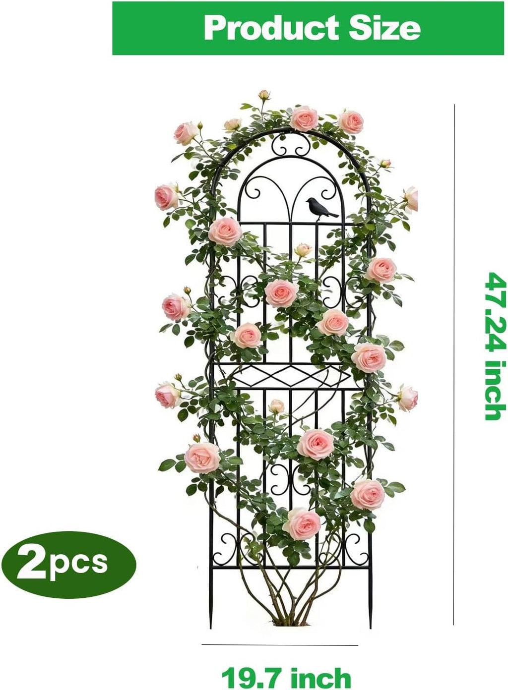 2 Pack 47.2"x19.7" Metal Gardon Trellis for Climbing Plants Outdoor, Black | Rustproof, Heavy Duty, Black Coating Metal