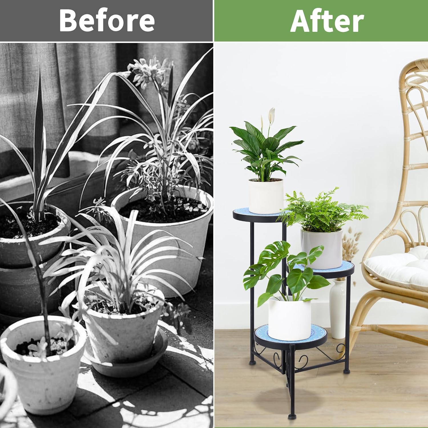 3 Tier Mosaic Ceramic Top Plant Stand, Foldable Flower Pot Holder | Wrought Iron No Assembly Required Space Saving