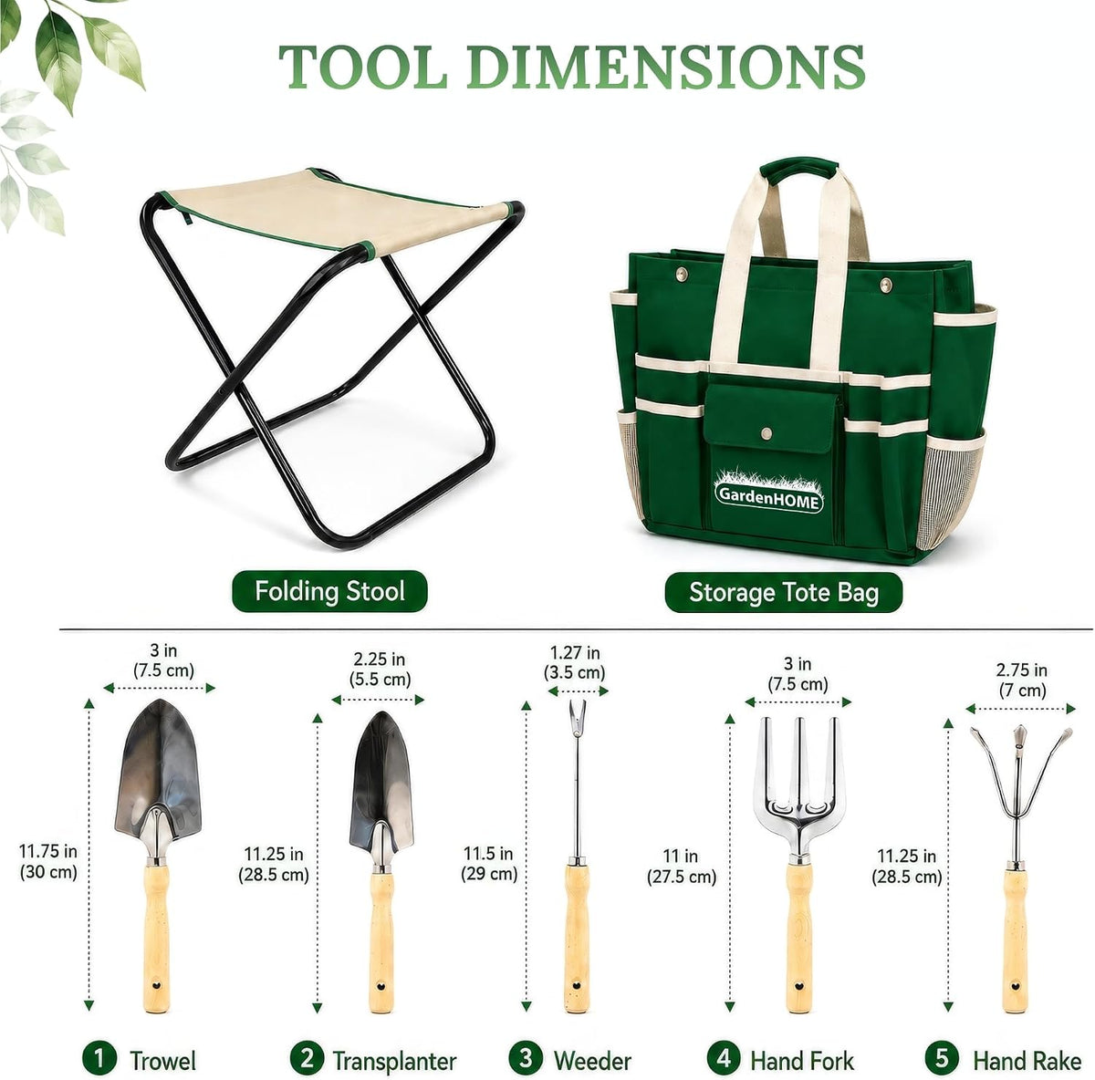 7-Piece Gardening Tool Set with Folding Stool and Storage Tote Bag, Stainless Steel Garden Tools with Wooden Handles