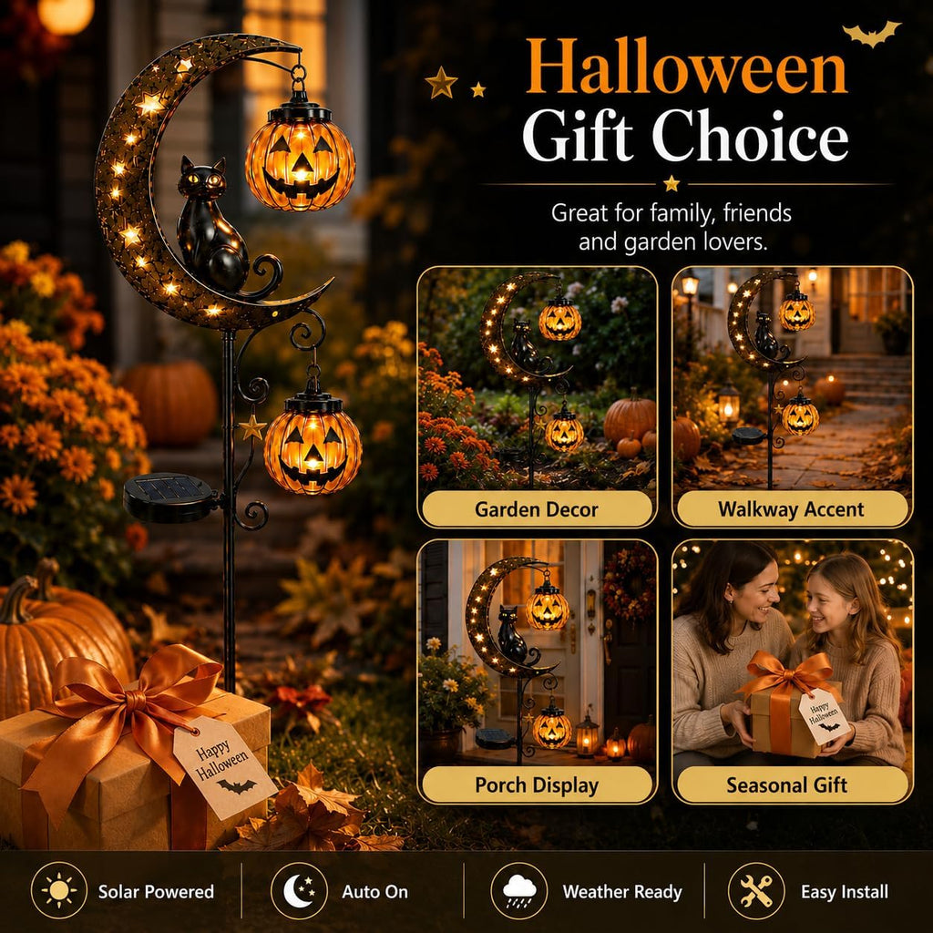 Solar Halloween Black Cat Pumpkin Moon Garden Stake Light for Outdoor Decor | Outdoor Waterproof LED Pumpkin Lights