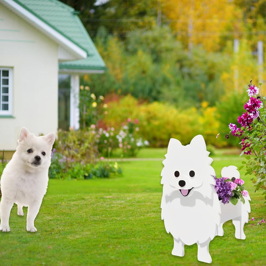 White Pomeranian Dog Planter Pots, Animal Shaped Flower Pot | Cute Plant Gift for Women and Pet Lovers, Indoor Outdoor