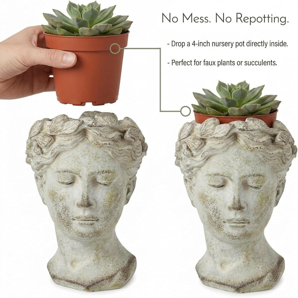 Greek/Roman Style Female Statue Head Cement Planter (Style 1) | Beautiful Woman's Head Pot for Indoor Home Decor or