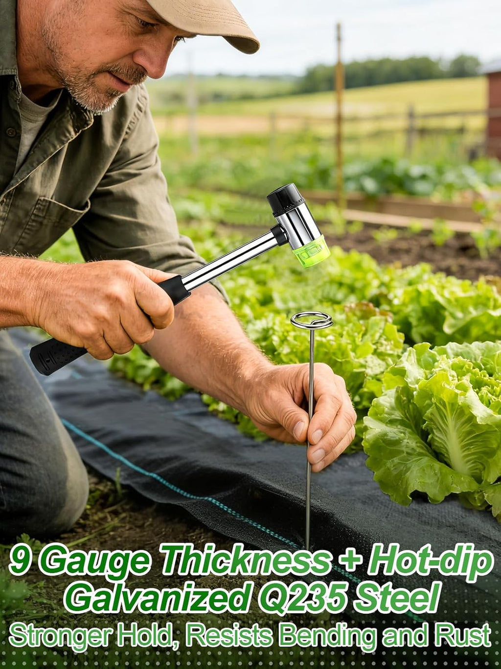 12 Inch Landscape Staples with Hook & Hammer - 60pcs Circle Top Weed Barrier Stakes Kit, 9 Gauge Galvanized