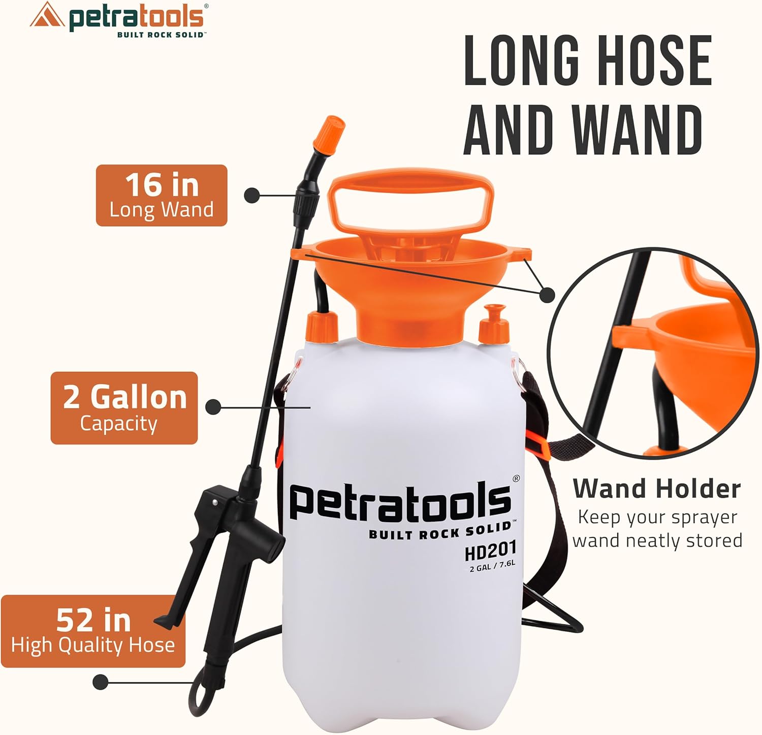 PetraTools HD201 Garden Pump Sprayer 2 Gallon, 52-in Long Hose & 2 Nozzles | Lawn & Garden Sprayer w/ Easy Carry Handle