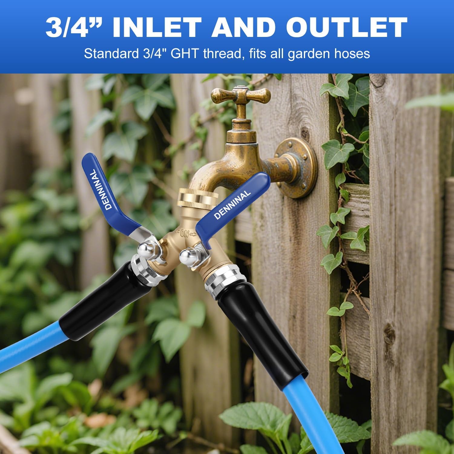 Brass Garden Hose Splitter 2 Way Heavy Duty, Safe Water Hose Splitter with 304 Stainless Steel Long Handle, Outdoor