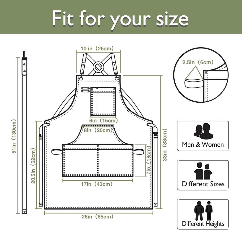 Kitchen Apron, Work Apron, Canvas Apron, Olive | Multiple Pockets, Gardening, Painting, BBQ, Artist, Carpenter, Sizes M