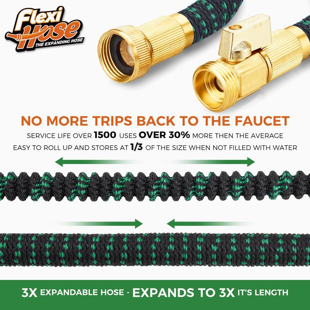 Flexi Hose with 8 Function Nozzle, 25FT - Lightweight Expandable Garden Hose, No-Kink Flexibility, 3/4 Inch Solid Brass