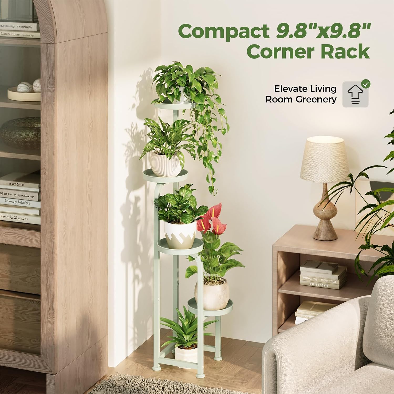 Bamworld Corner Plant Stand Indoor Outdoor Tall Metal Flower Pot Stands | 4 Tier Mint Green Heavy Duty Plant Shelf for