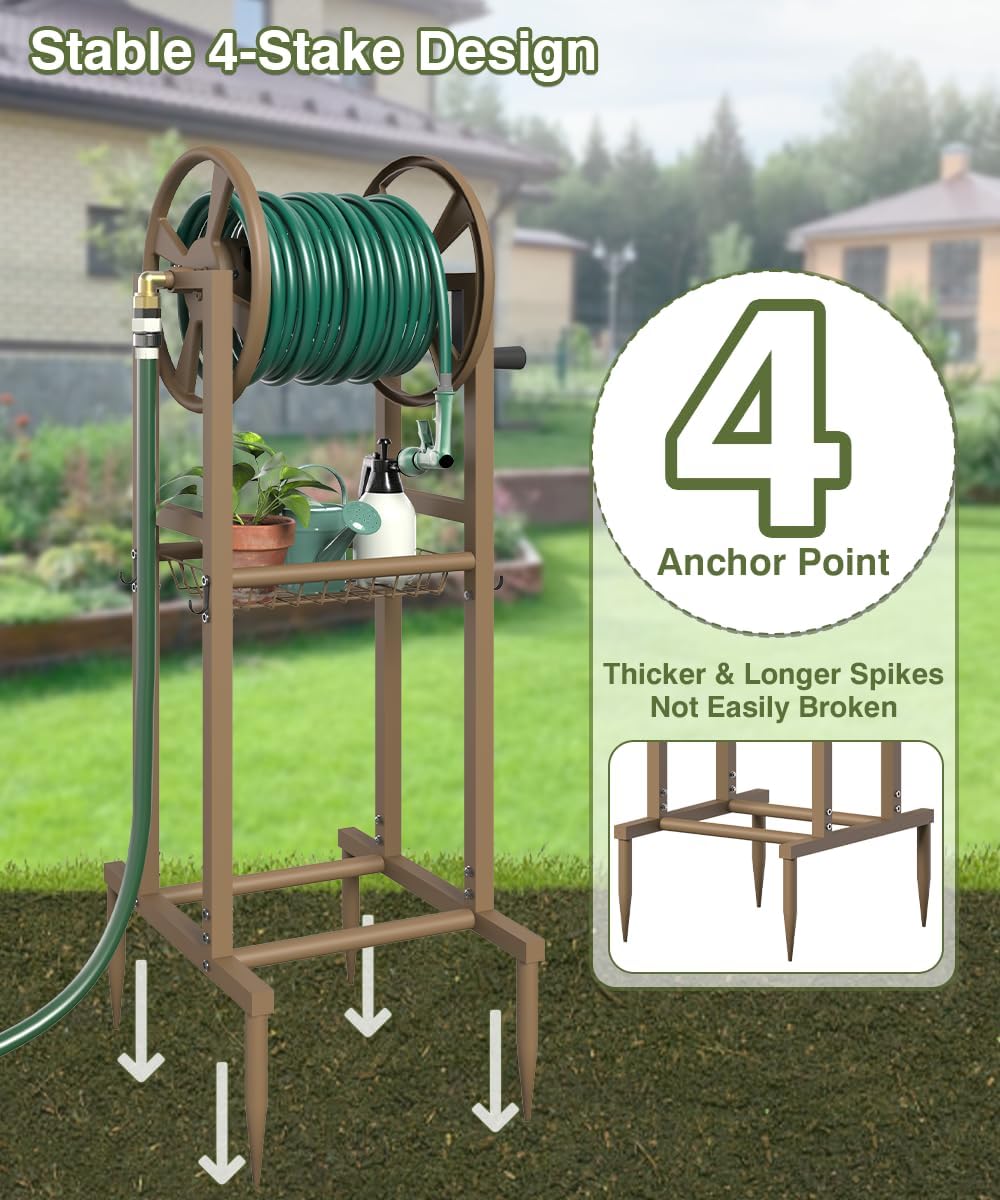 Freestanding Garden Hose Reel holds 125ft Hose of 5/8" with 4 Hooks, 4-Spike Outdoor Hose Holder with 3.9ft Leader Hose