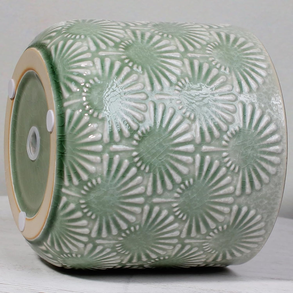 Boho Ceramic Flower Pot, 6.7" Contemporary Pots for Indoor Outdoor Plants | Decorative Glazed Embossed Fan Textured
