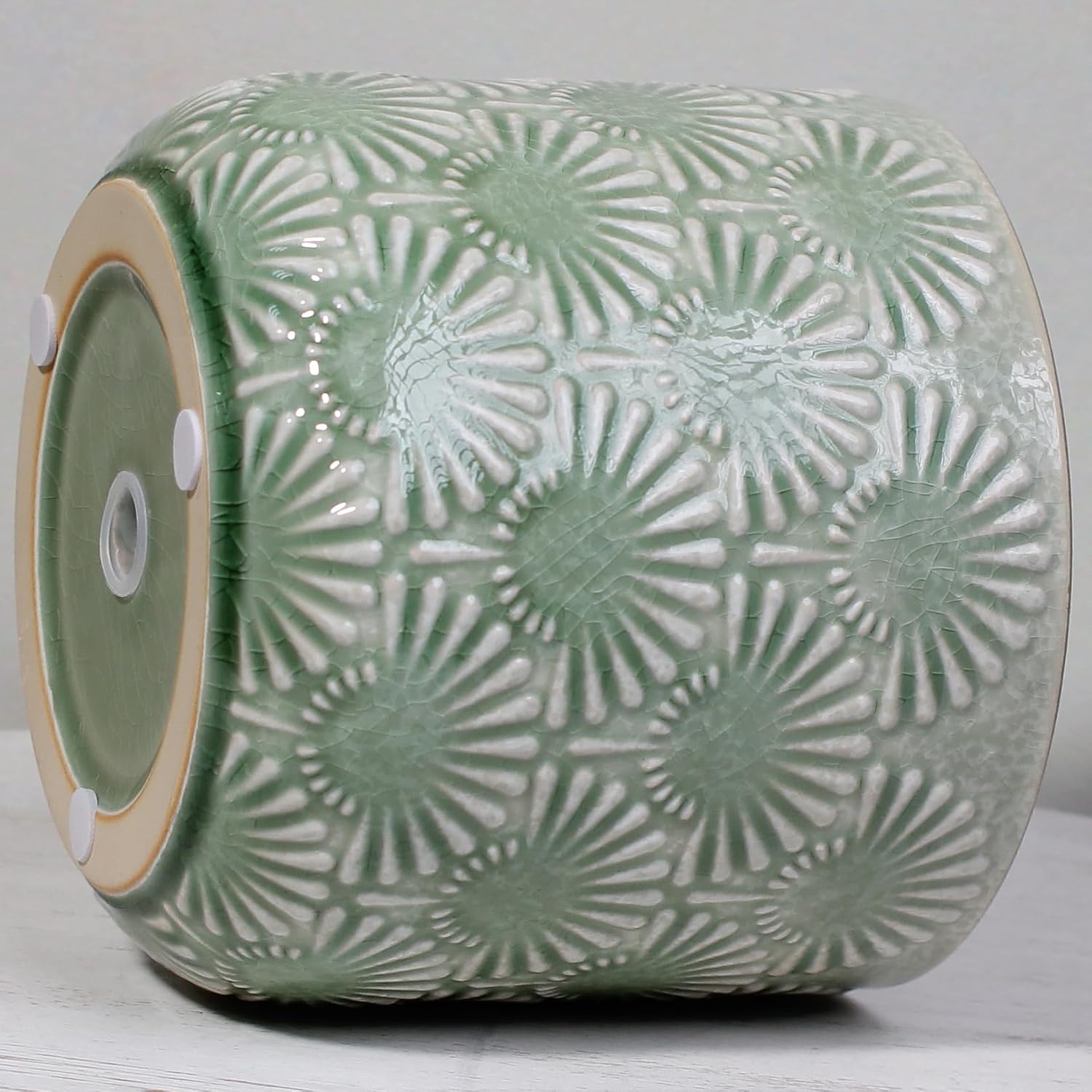 Boho Ceramic Flower Pot, 6.7" Contemporary Pots for Indoor Outdoor Plants | Decorative Glazed Embossed Fan Textured