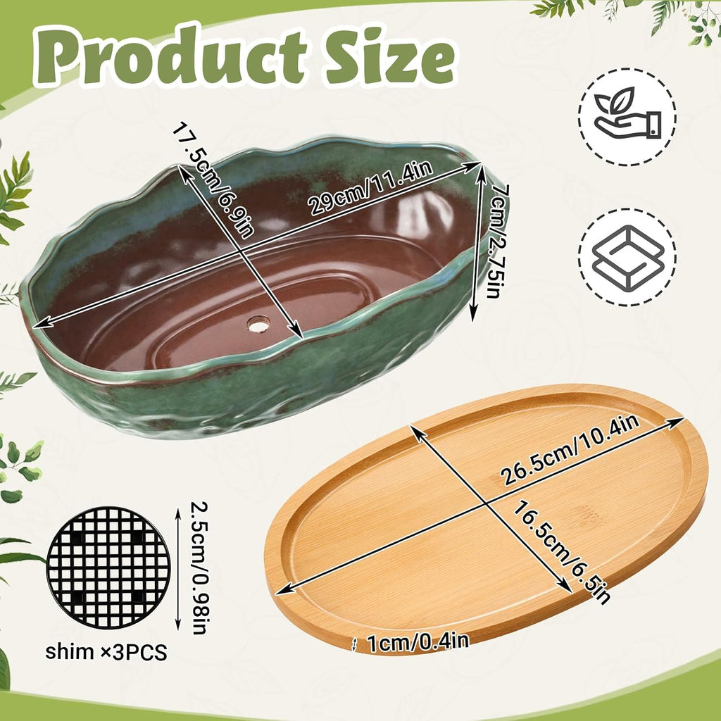 Succulent Pot 11 Inch Large Succulent Planters with Drainage Ceramic Bonsai Pot with Bamboo Tray Round Shallow Planter