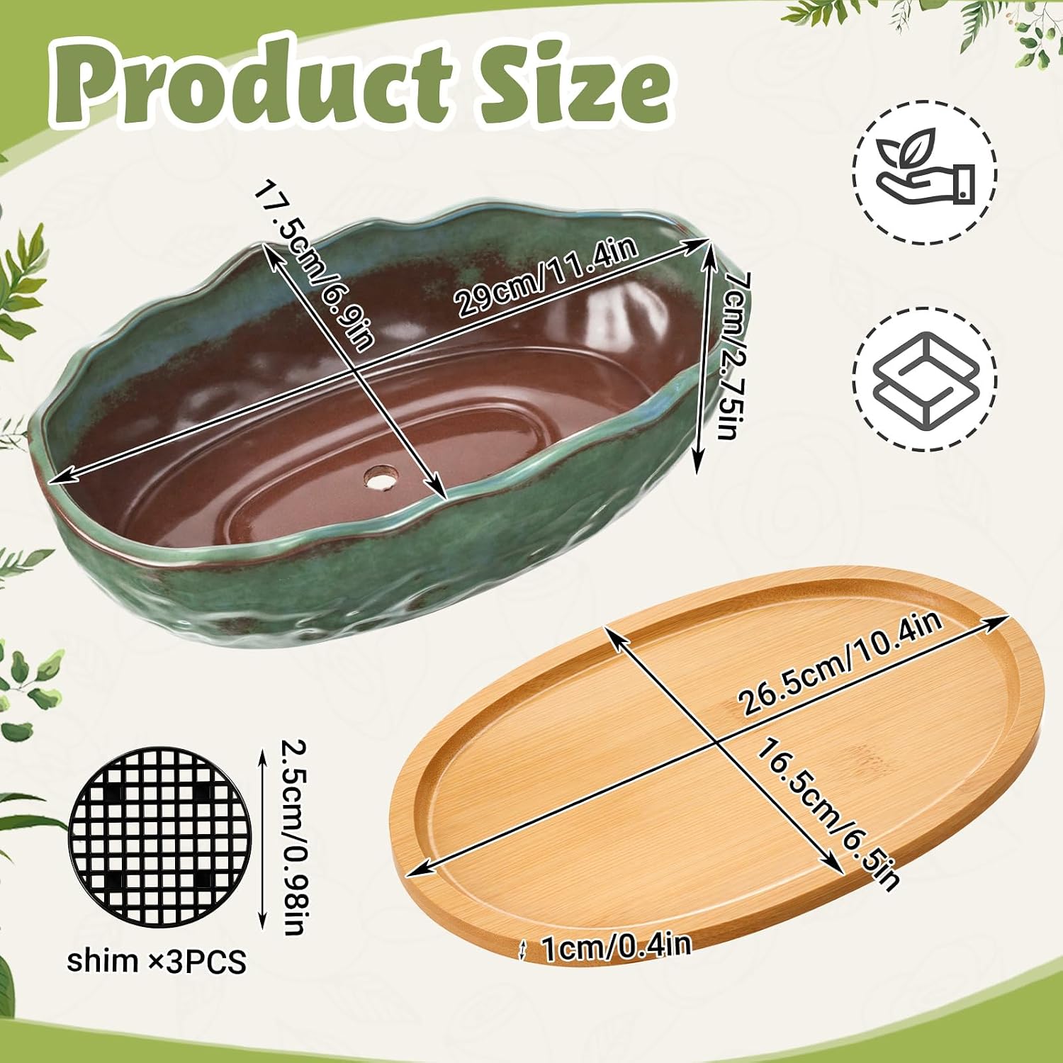 Succulent Pot 11 Inch Large Succulent Planters with Drainage Ceramic Bonsai Pot with Bamboo Tray Round Shallow Planter