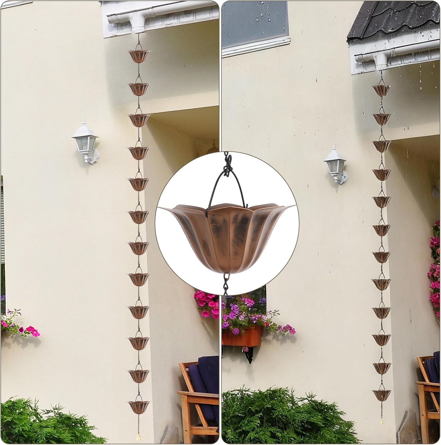 9 Ft Lotus Rain Chain for Gutters, 12 Cups, Downspout Replacement | Adjustable Rain Chains for Outside Chains to
