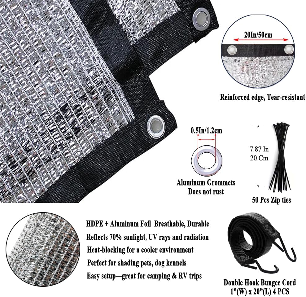 70% Aluminet Shade Cloth, 10 x 20 FT, Reflective Sun Shade | Breathable Shade Mesh for Patio, Car, RV & Camping