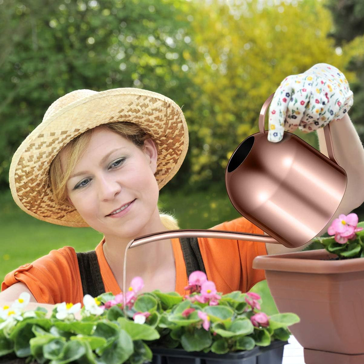 Yardwe 1000ml Stainless Steel Watering can for Indoor Plants, Long Spout Watering Pot for Garden Home Office, Rose Gold