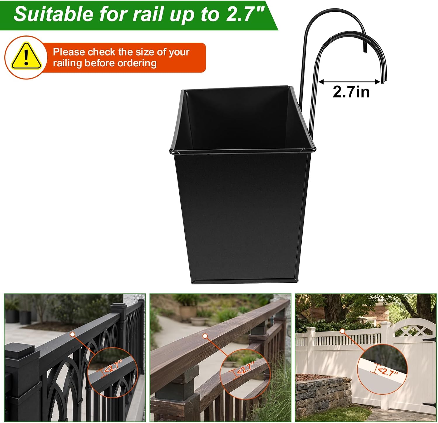 3 Pcs Large Hanging Flower Pots for Railing Or Fence 16 Inch Railing Planter Box for Any Balcony, Porch or Deck