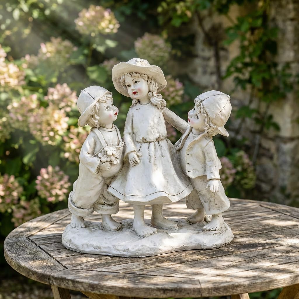 Garden Statues Three Children Figurine Vintage Family Sculpture White Distressed Resin Outdoor and Indoor Garden