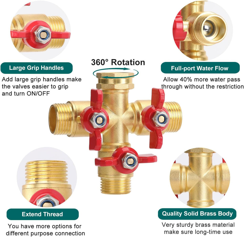BoArt Brass Garden Hose Splitter 3 Way Heavy Duty, 3-Way Valve Hose Splitter With Large Grip Handle, 3/4" GHT Thread